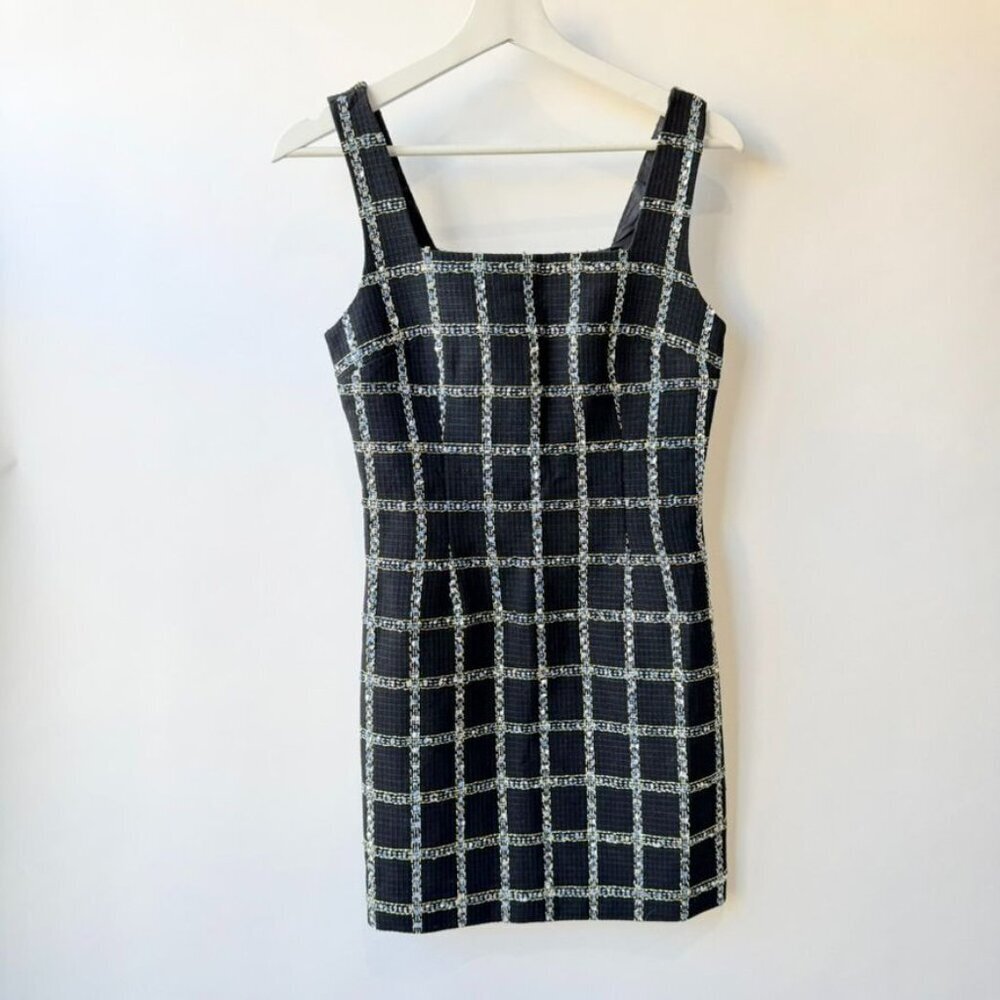 Jason Wu Black & Gold Tweed Plaid Mini Sheath Dress – Size XS